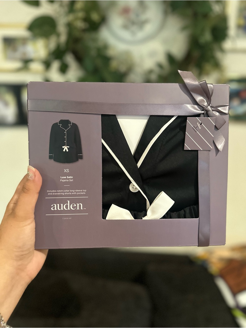 auden Black Satin Pajama Set with White Trim
